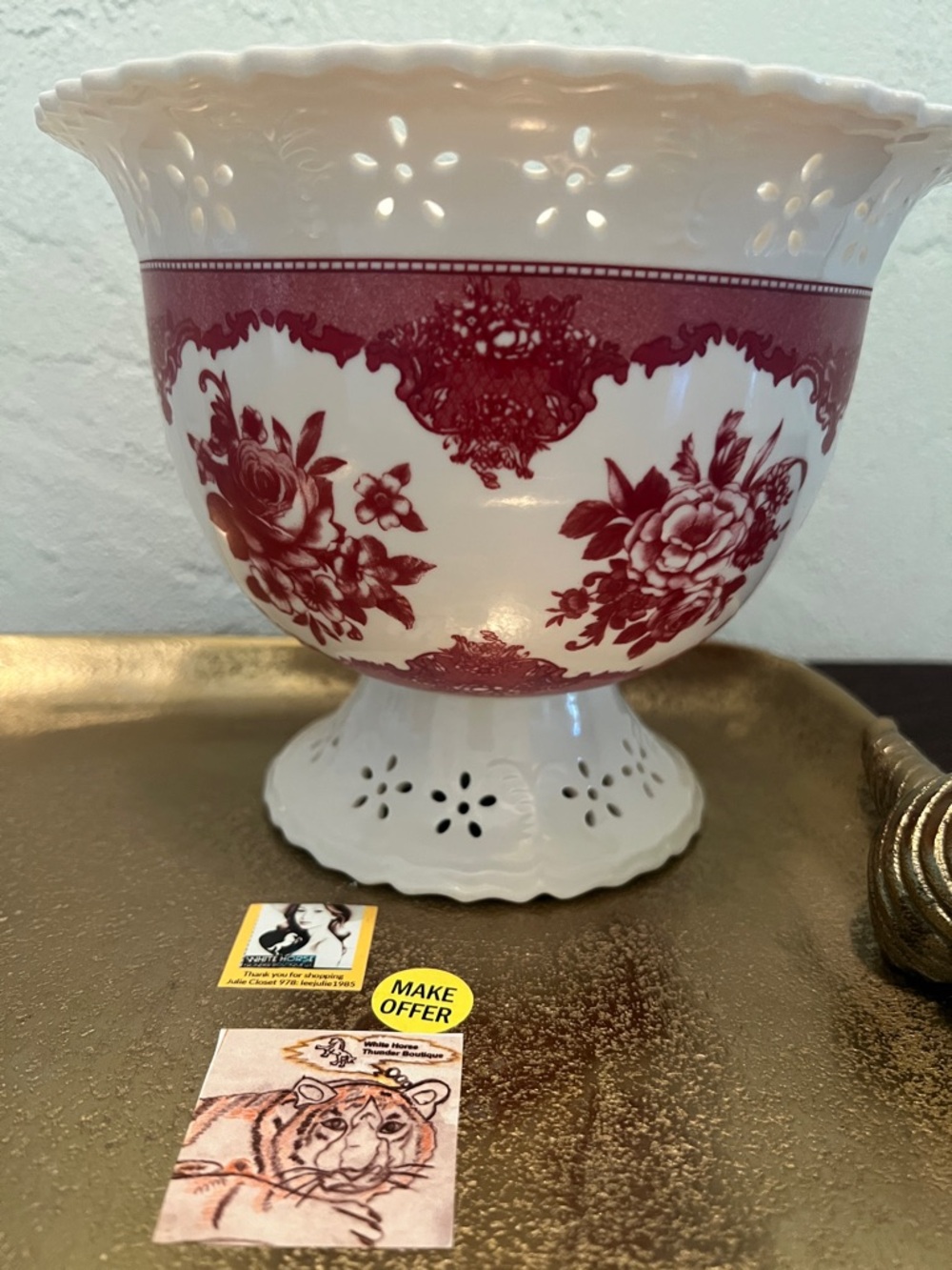 #1817*Vintage-Style White Pedestal Bowl with Red Floral Transferware - Picture 4 of 13